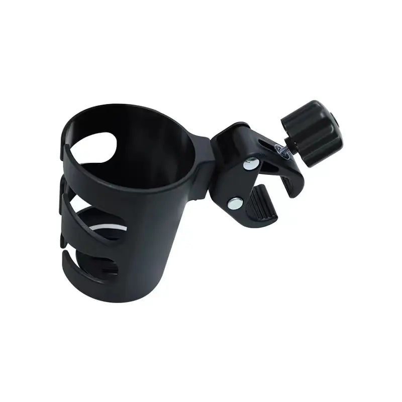 A black pram and stroller cup holder with an adjustable clamp.