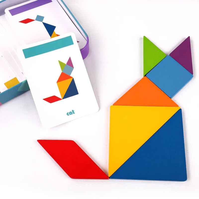 Wooden Montessori Tangram Puzzle in a Metal Box (3+ years)