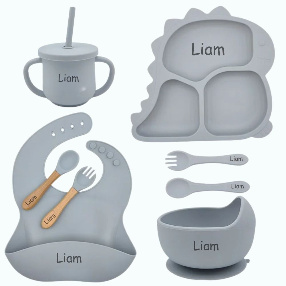 Roaring Dino - Personalised Silicone Baby Feeding Set (8 Pieces)