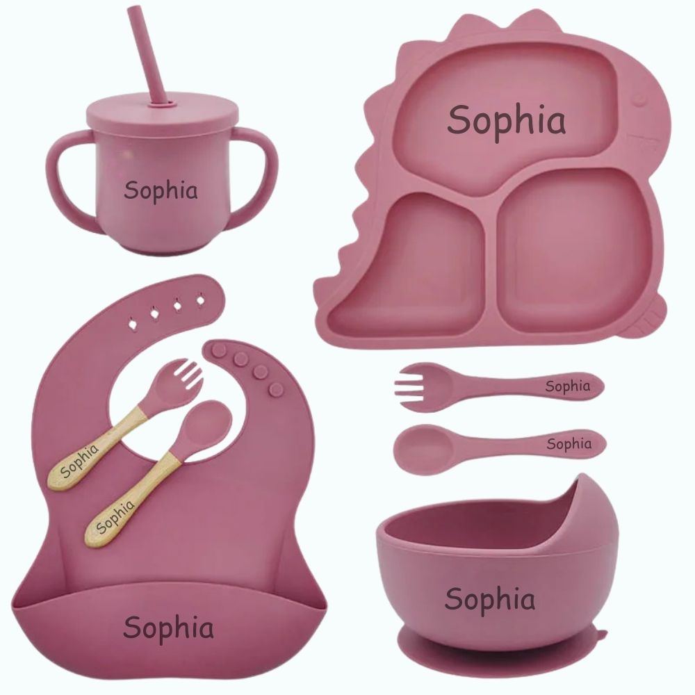 Roaring Dino - Personalised Silicone Baby Feeding Set (8 Pieces)