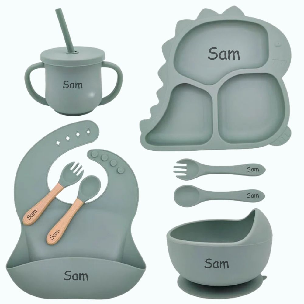 Roaring Dino - Personalised Silicone Baby Feeding Set (8 Pieces)