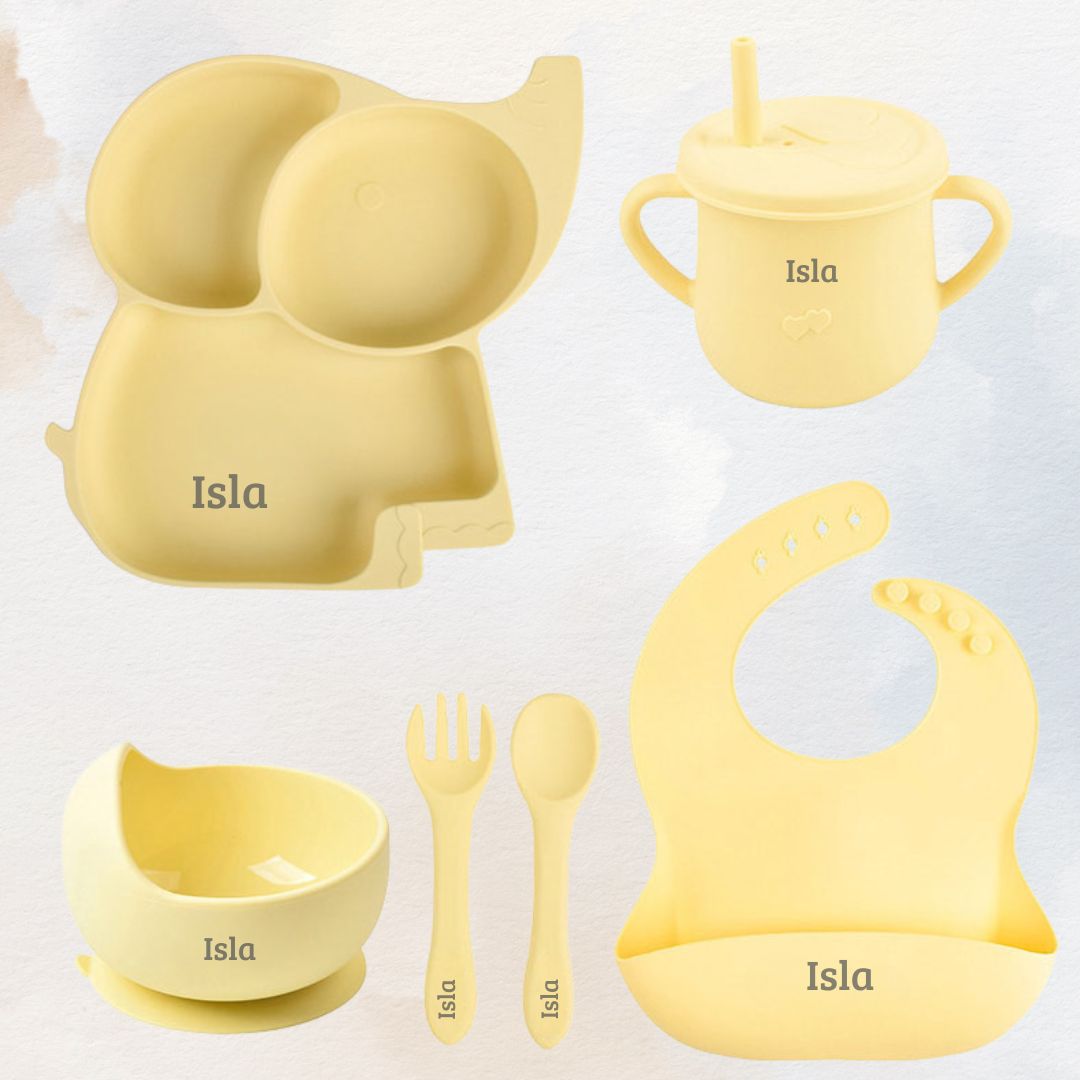 Peckish Elephant - Personalised Silicone Baby Feeding Set (6 Pieces)