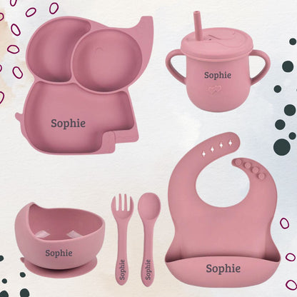 Peckish Elephant - Personalised Silicone Baby Feeding Set (6 Pieces)