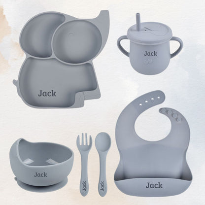 Peckish Elephant - Personalised Silicone Baby Feeding Set (6 Pieces)