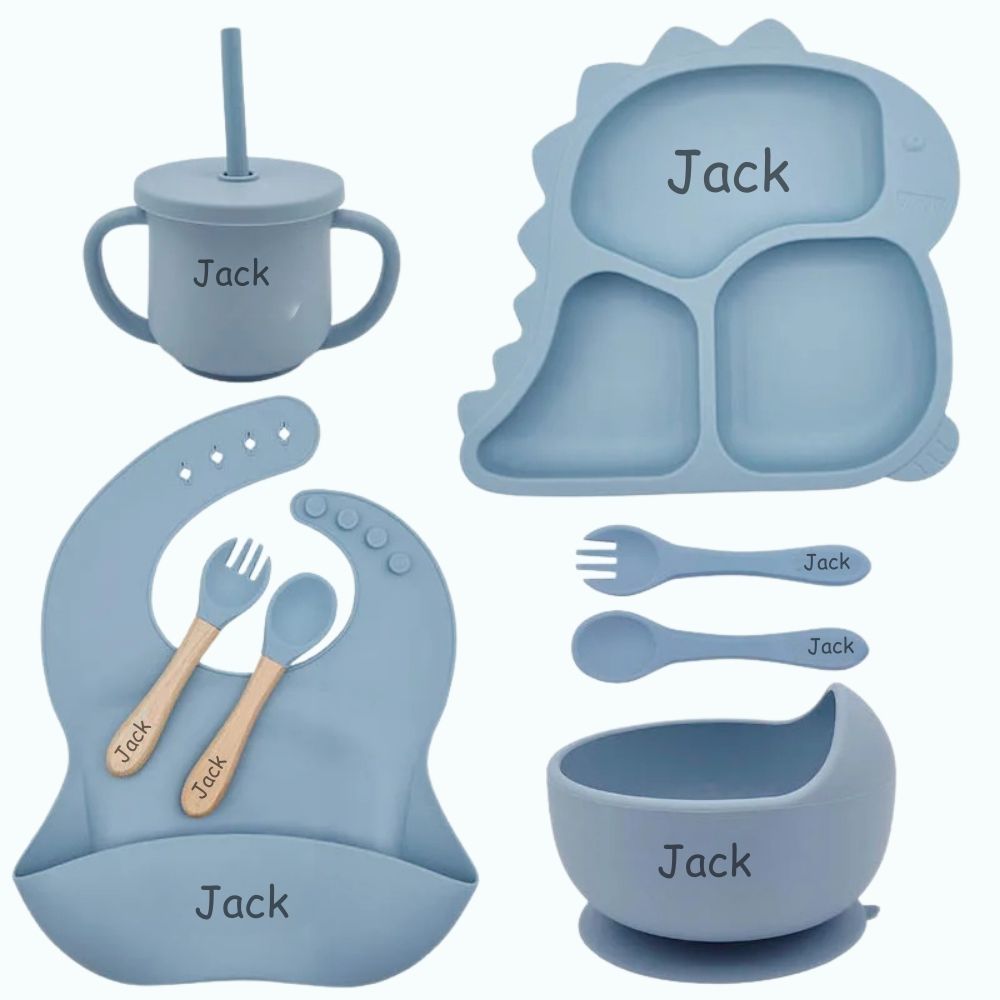 Roaring Dino - Personalised Silicone Baby Feeding Set (8 Pieces)