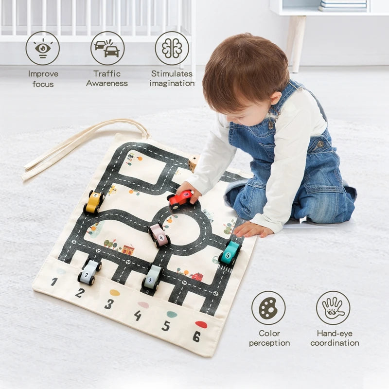 Montessori Traffic Map Game with 6 Cars (3+ years)-Little Travellers
