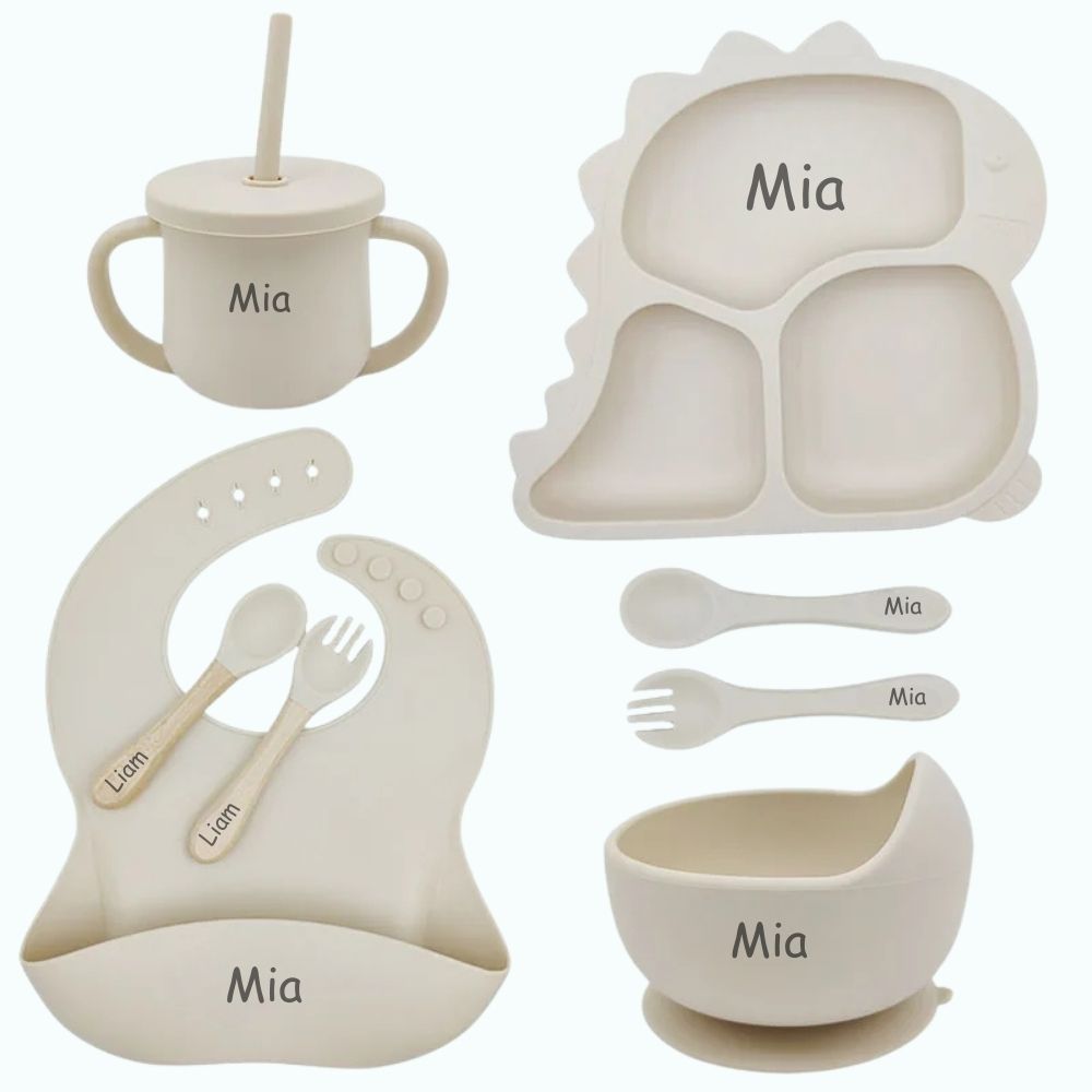 Roaring Dino - Personalised Silicone Baby Feeding Set (8 Pieces)