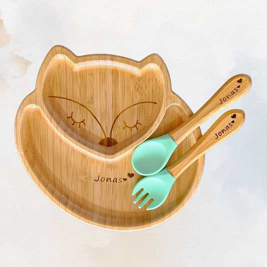 Personalised Bamboo Baby/Toddler Feeding Set (3 Pieces) - Fox
