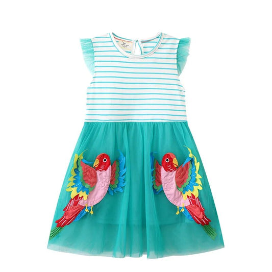 Girls' Tropical Parrot Stripe Summer Dress-Little Travellers