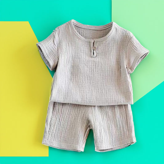 Summer Children Shorts & T-Shirt Set - Grey Linen-Little Travellers